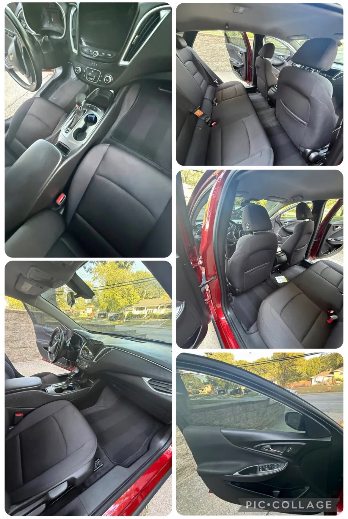 Five photographs of a red Chevrolet Malibu after an interior detail: the dashboard and center console, the rear bench, the front seats through the open driver door, the driver footwell and steering wheel, and the cleaned door panel with the window lowered.