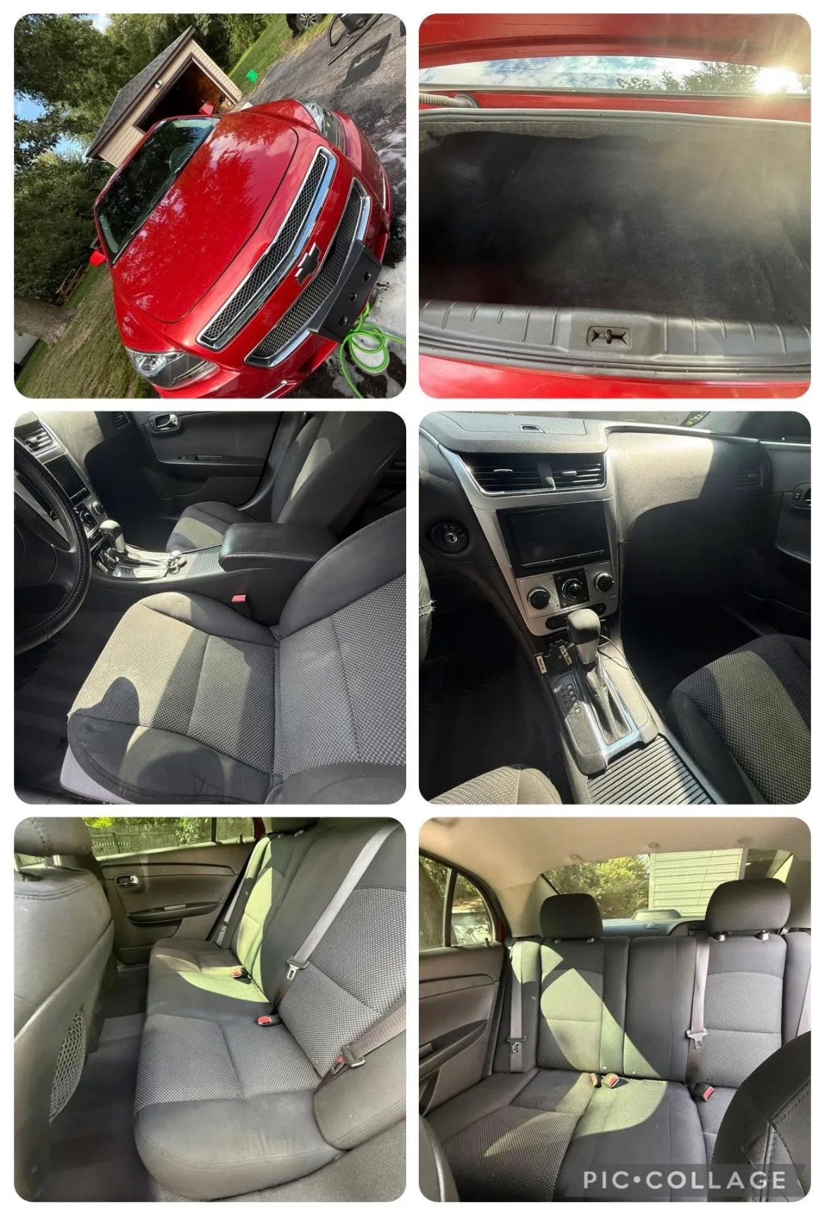 Six photographs of a red Chevrolet sedan after detailing: the washed front end on a driveway, the emptied trunk and parcel shelf, the front seats and console, the dashboard and center stack, and the rear bench from both sides with the cloth seats and carpet cleaned.