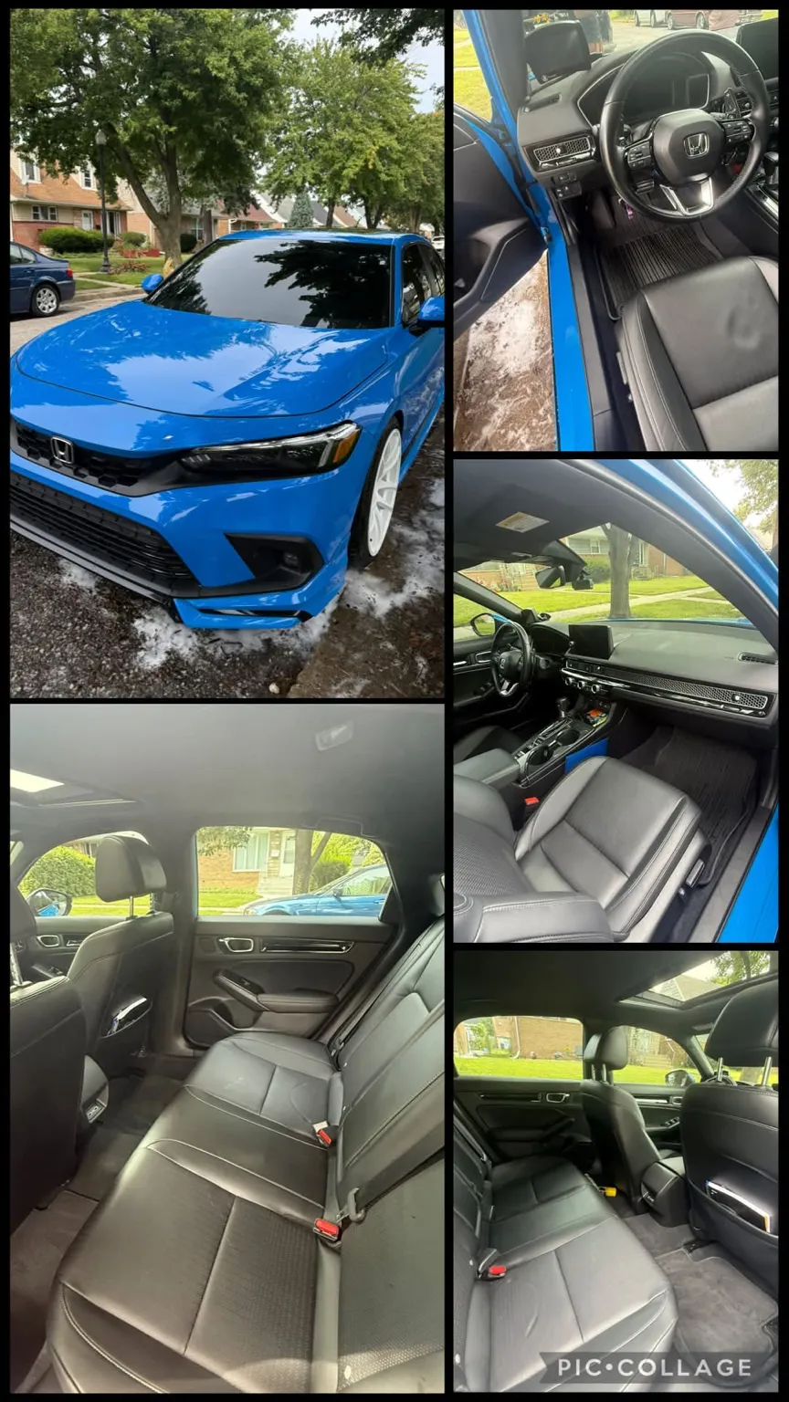 Five photographs of a blue Honda Civic after detailing: the washed exterior on a residential street, the driver door sill, the dashboard and console, and the rear bench photographed from each side with the seats and carpet cleaned.