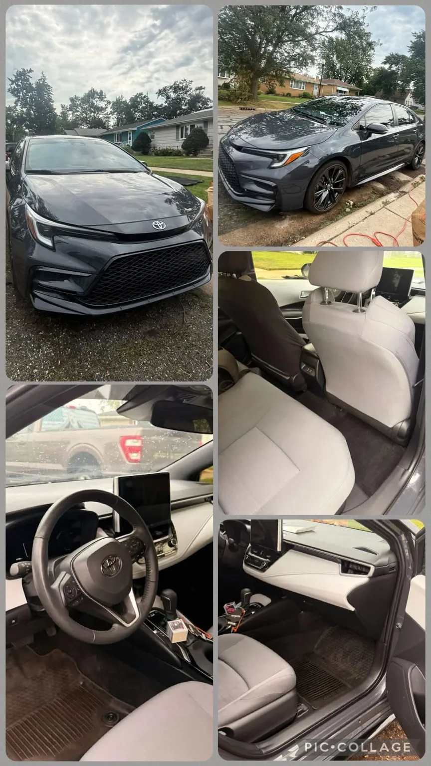 Five photographs of a dark gray Toyota Corolla after detailing: two exterior views on a residential street, the light gray front seats, the steering wheel and dashboard, and the passenger footwell.